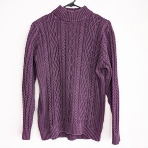 Vintage Tradition Women's Medium Purple Cable Knit 100% Cotton Mock Neck Sweater